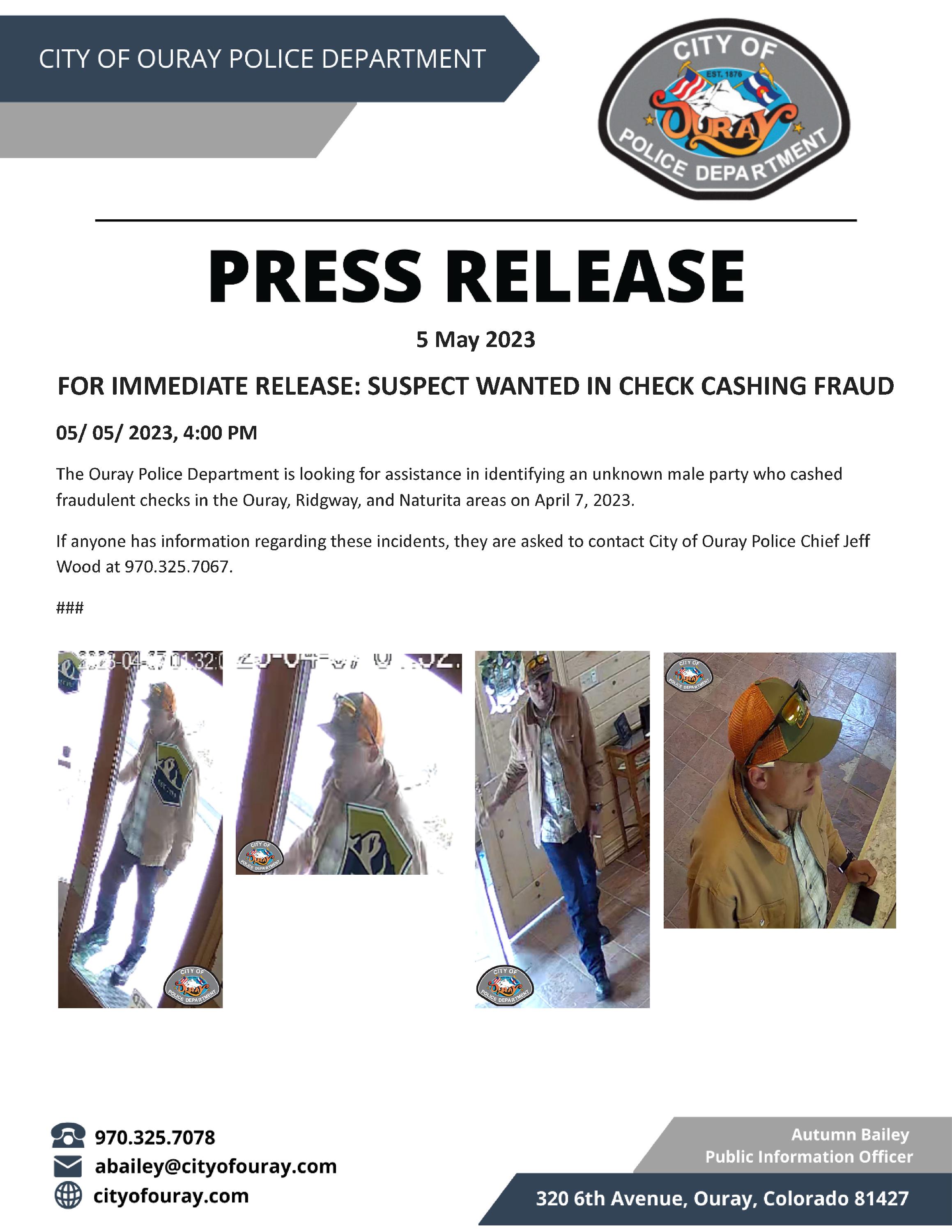 Press Release_05.05.2023_Suspect Wanted in Check Cashing Fraud